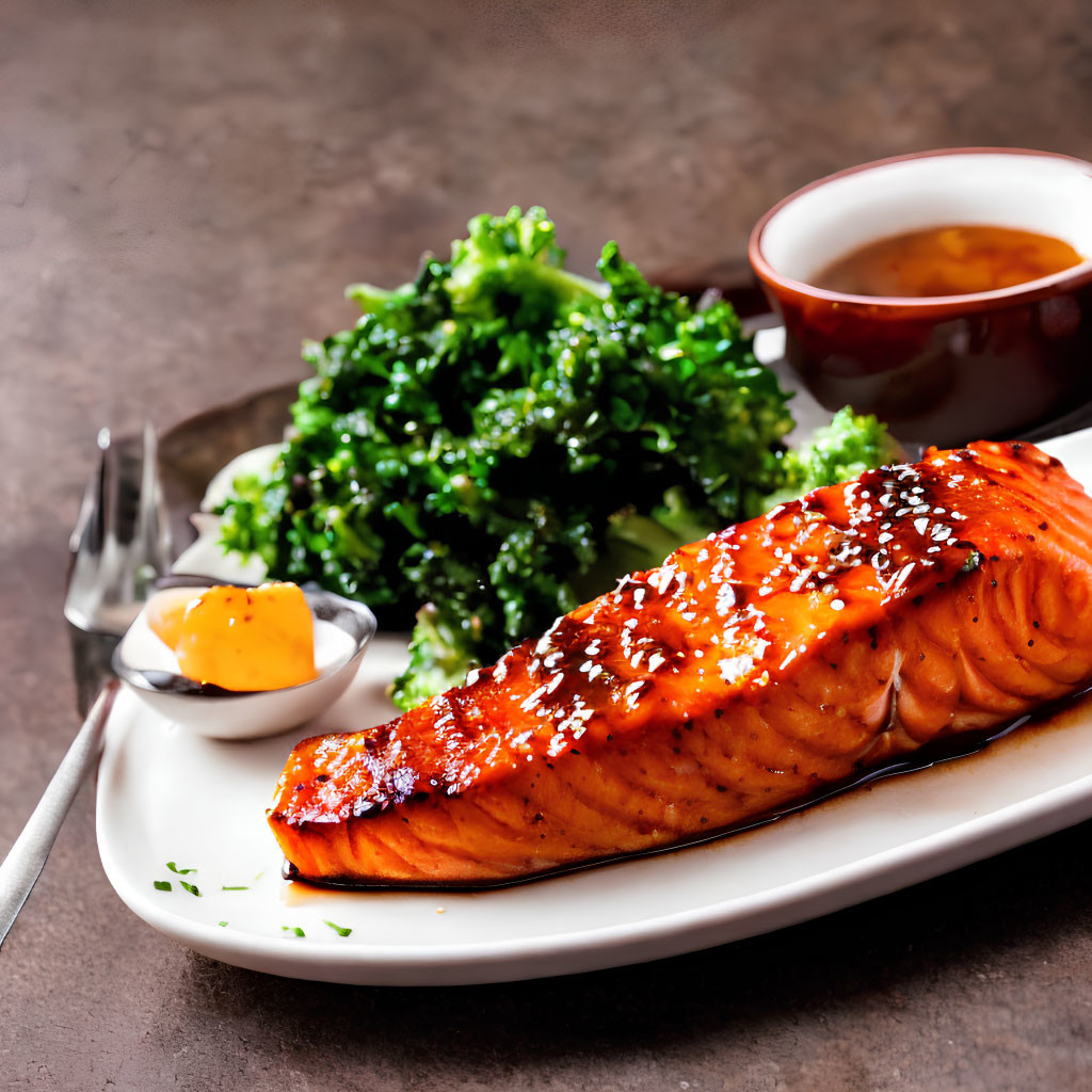 Fresh Grilled Salmon Fillet with Sesame Seeds on White Plate