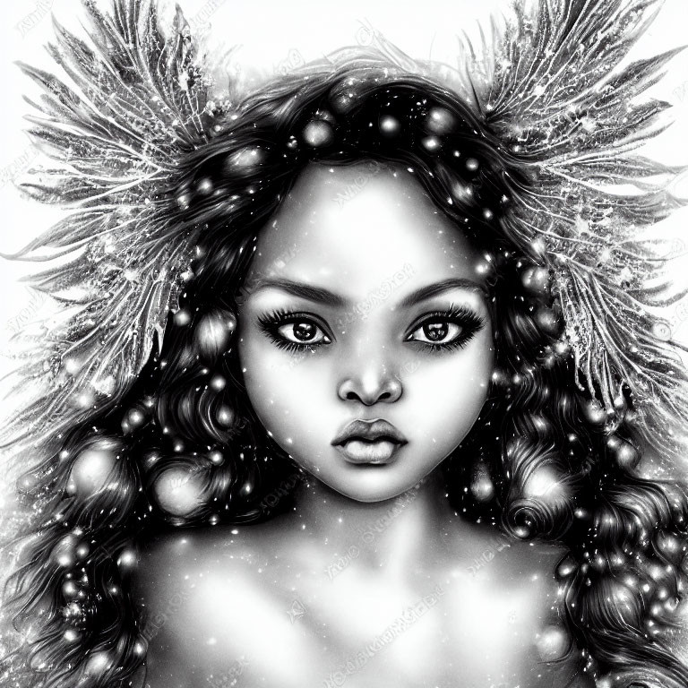 Monochrome illustration of girl with big eyes and decorative feathers and spheres