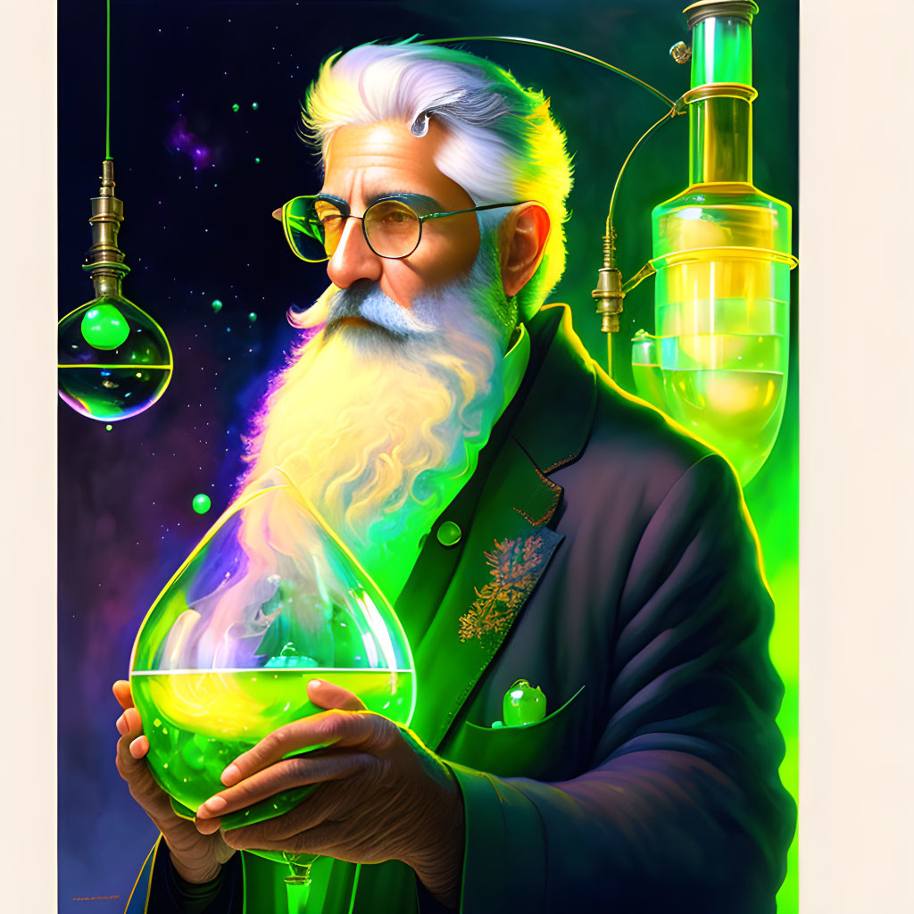 Elderly man in lab coat with green concoction and futuristic equipment