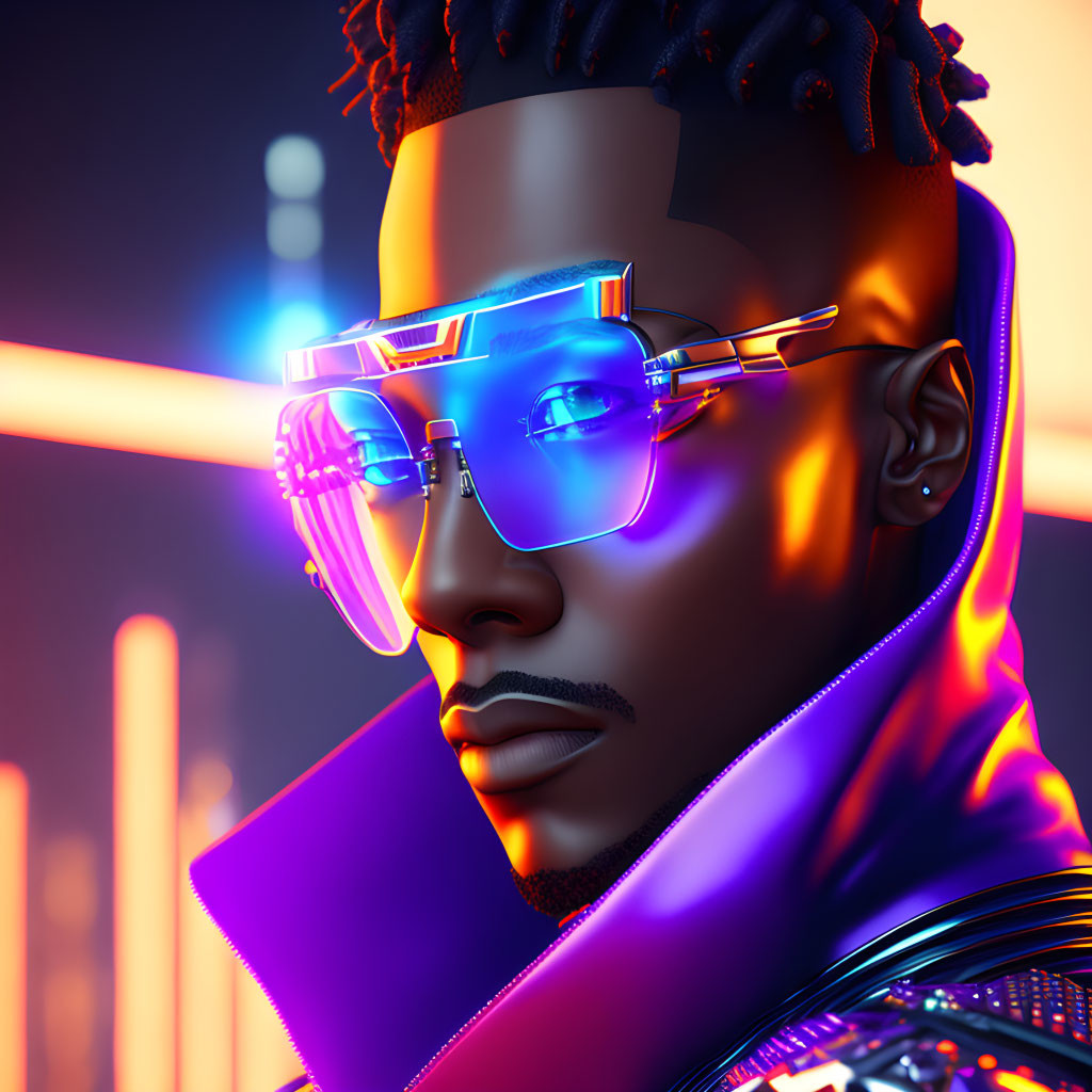 Futuristic man with glowing sunglasses in neon urban setting