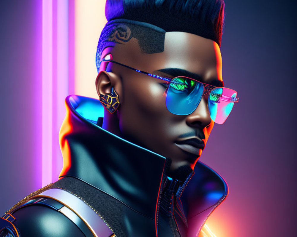 Futuristic man 3D illustration with stylish attire on neon background