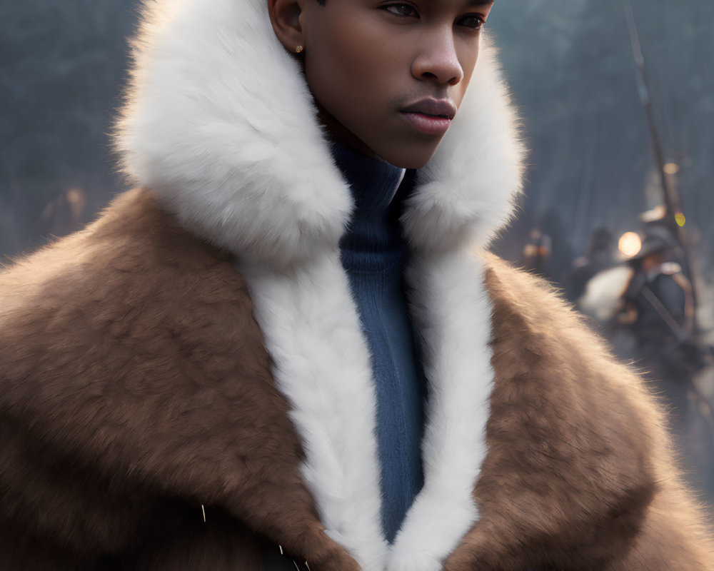 Digital portrait of person in brown fur coat with white collar, gazing thoughtfully