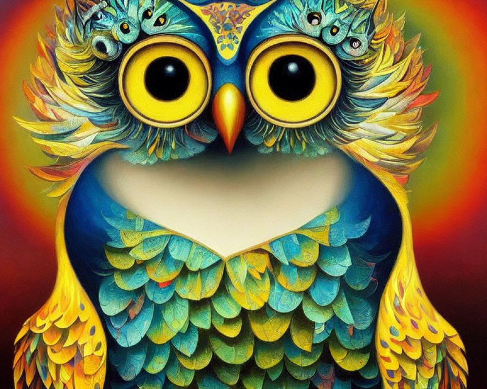 Colorful Owl Illustration with Large Yellow Eyes and Detailed Feathers