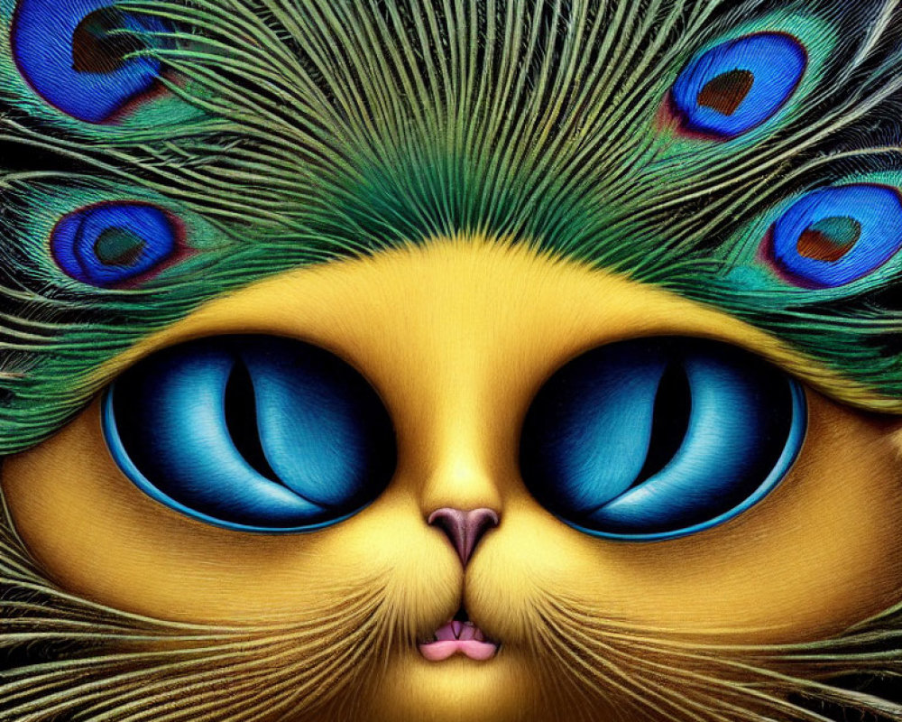 Whimsical cat illustration with large blue eyes and peacock feathers