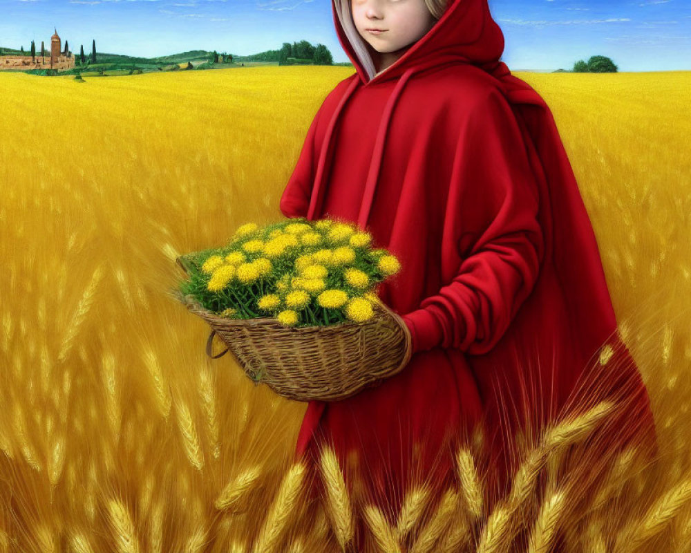 Figure in Red Cloak with Basket in Wheat Field and Scenic Landscape