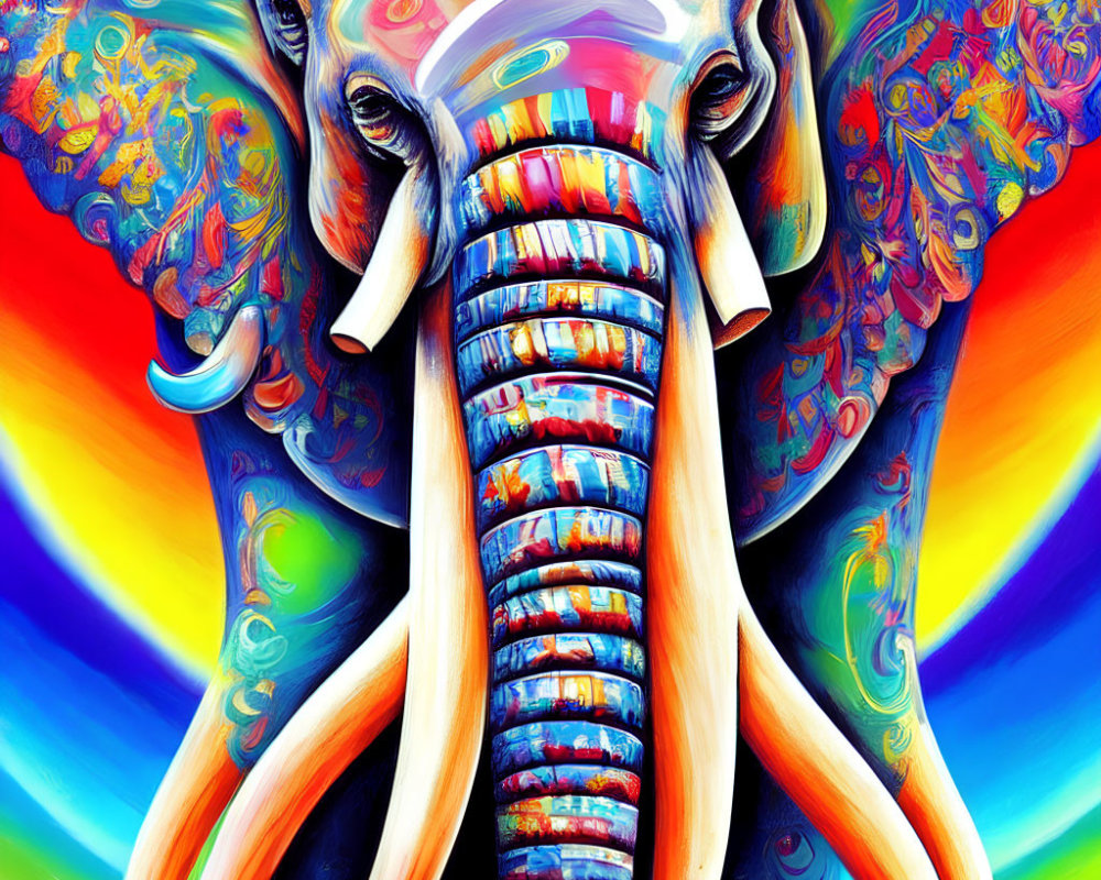 Colorful Elephant Artwork with Psychedelic Patterns and Rainbow Background