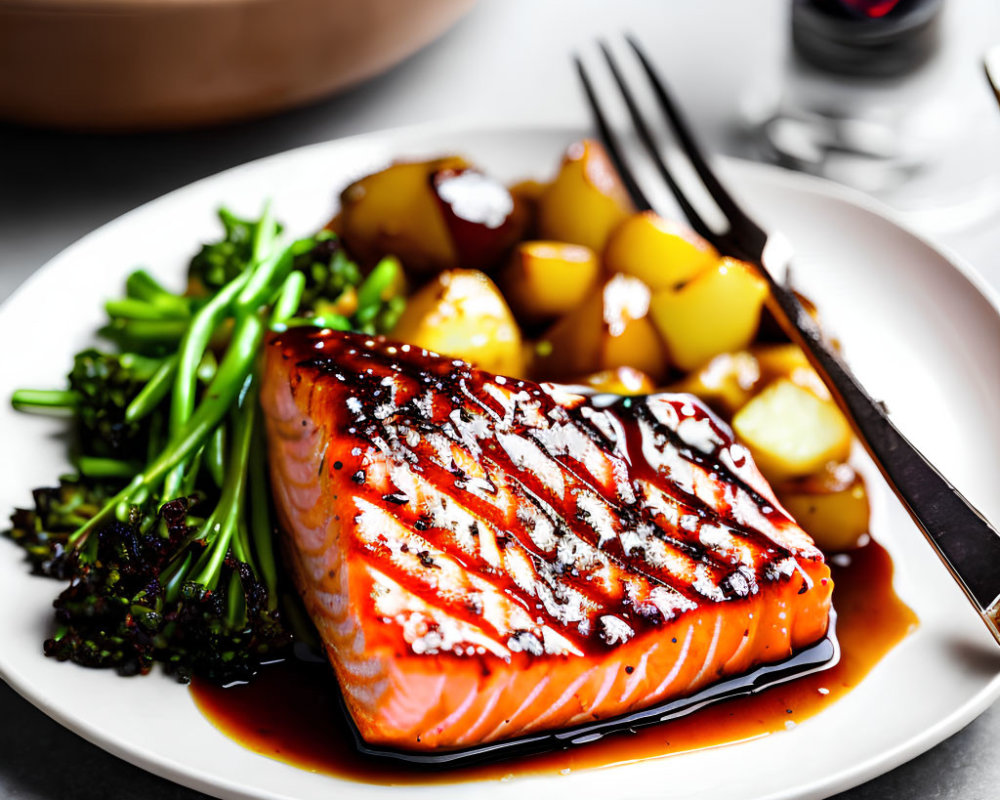 Grilled Salmon Plate with Balsamic Glaze and Roasted Potatoes