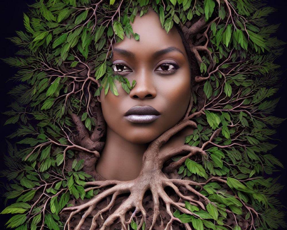 Woman's face emerges from tree roots and leaves in striking portrait