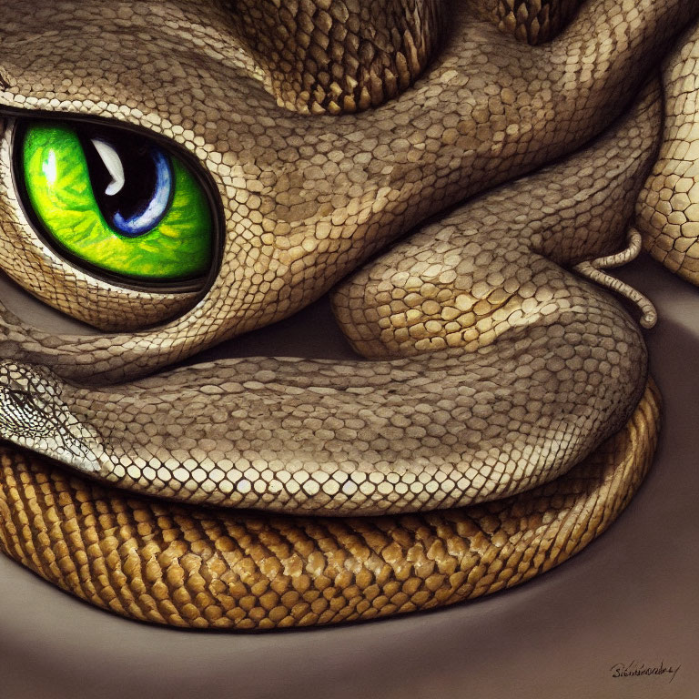 Detailed snake illustration with vibrant green eye and intricate scales.