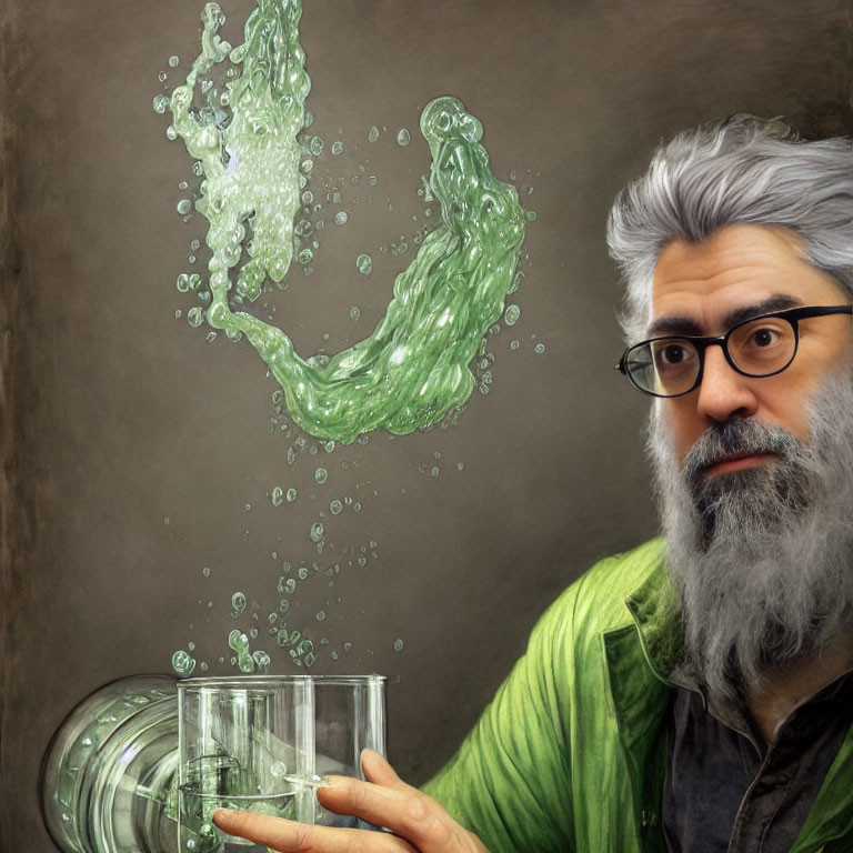 Gray-haired man with beard and glasses surprised by splashing liquid.