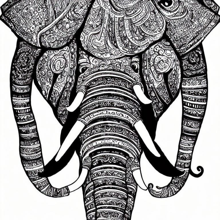 Detailed Black and White Illustration of Ornate Elephant Design