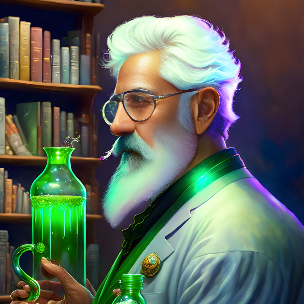 Elder with white hair and lab coat holds glowing green bottle in library