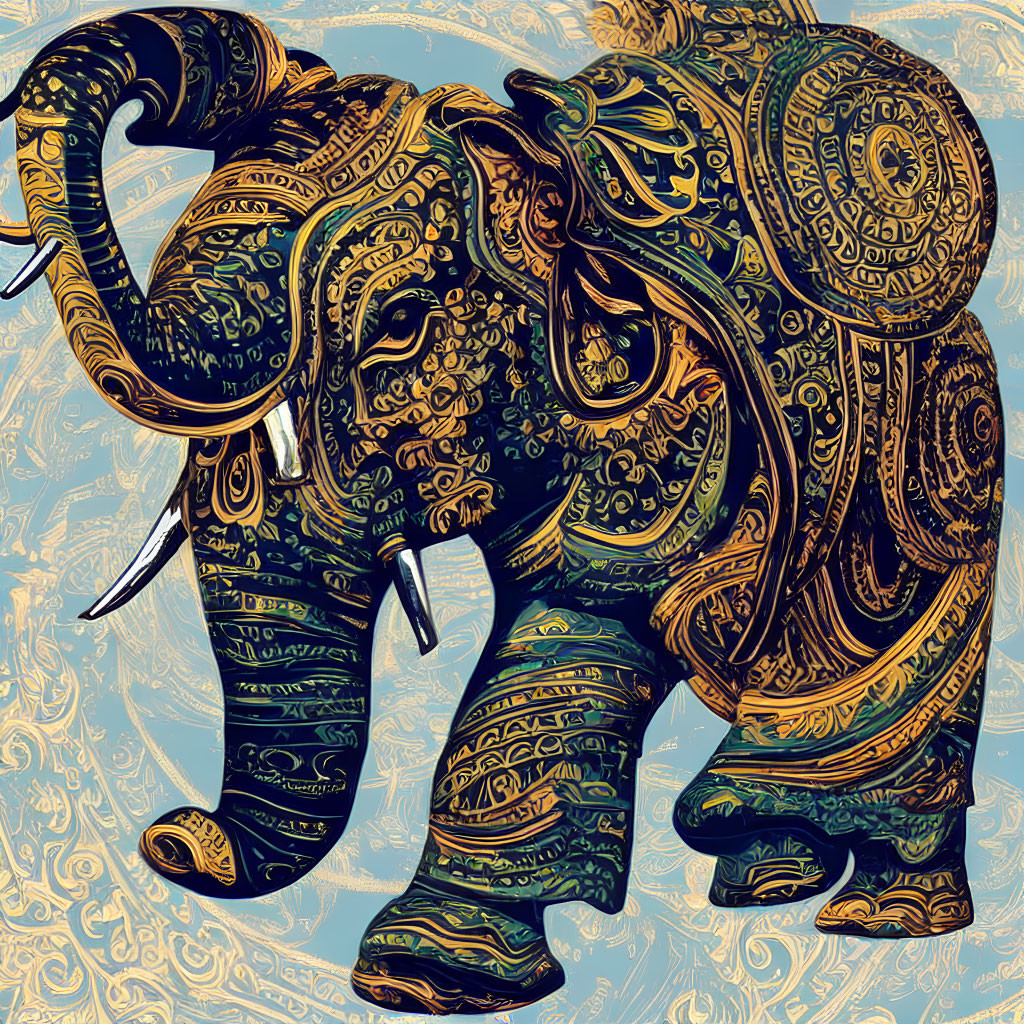 Intricately patterned elephant against matching background