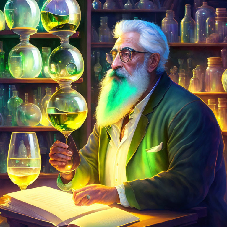 Elderly man with white beard writing in book surrounded by glowing flasks