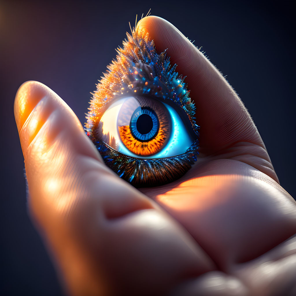 Vivid blue eye with orange spiky eyelashes on fingertip against dark background