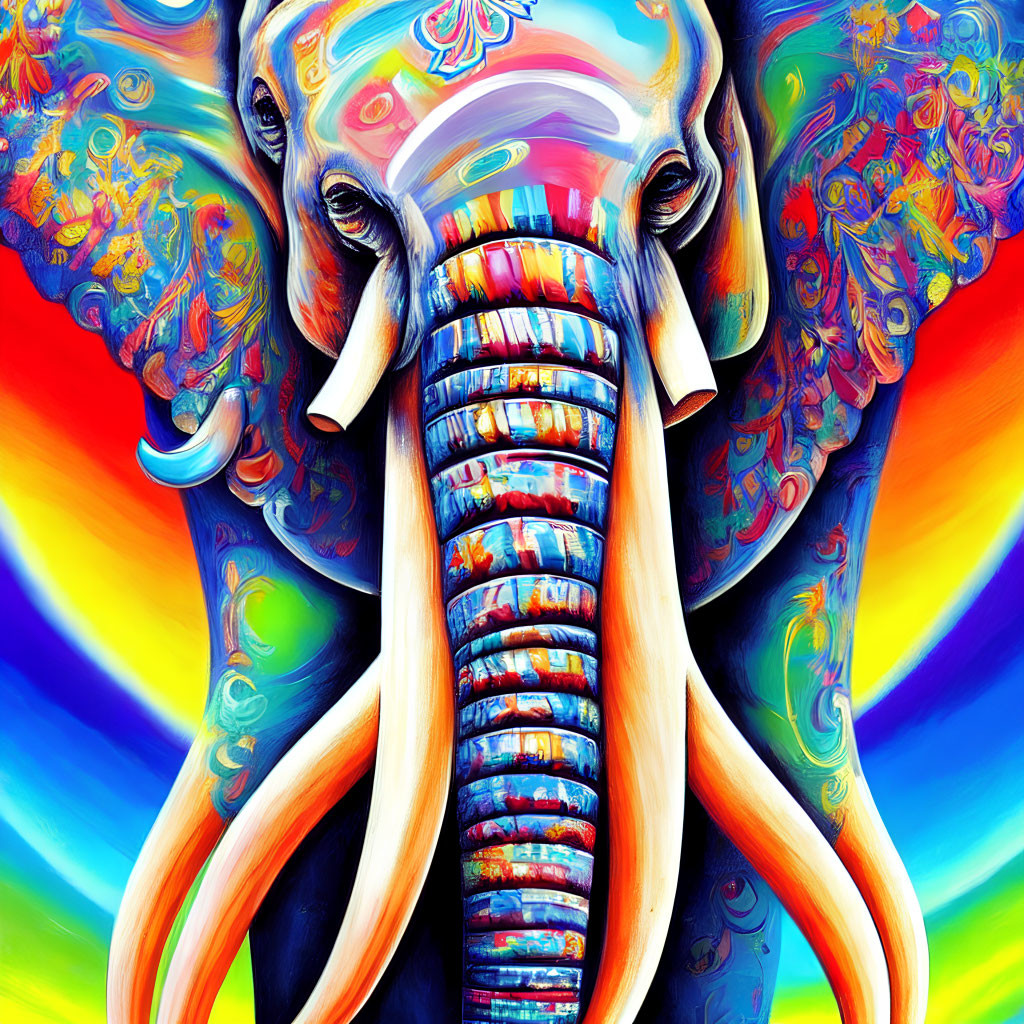 Colorful Elephant Artwork with Psychedelic Patterns and Rainbow Background