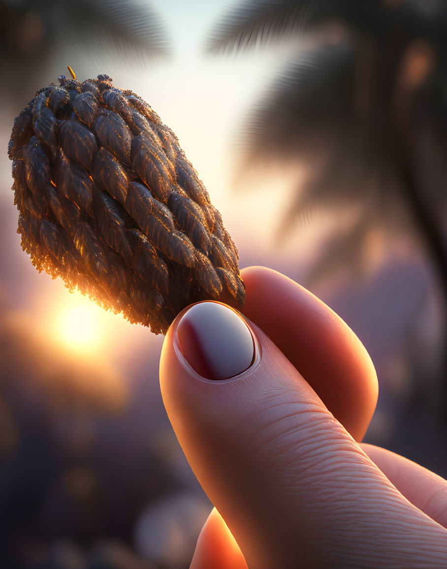 Close-up Hand Holding Pine Cone Against Sunset and Palm Silhouettes