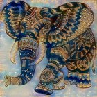 Colorful Elephant Illustration with Intricate Blue and Orange Patterns