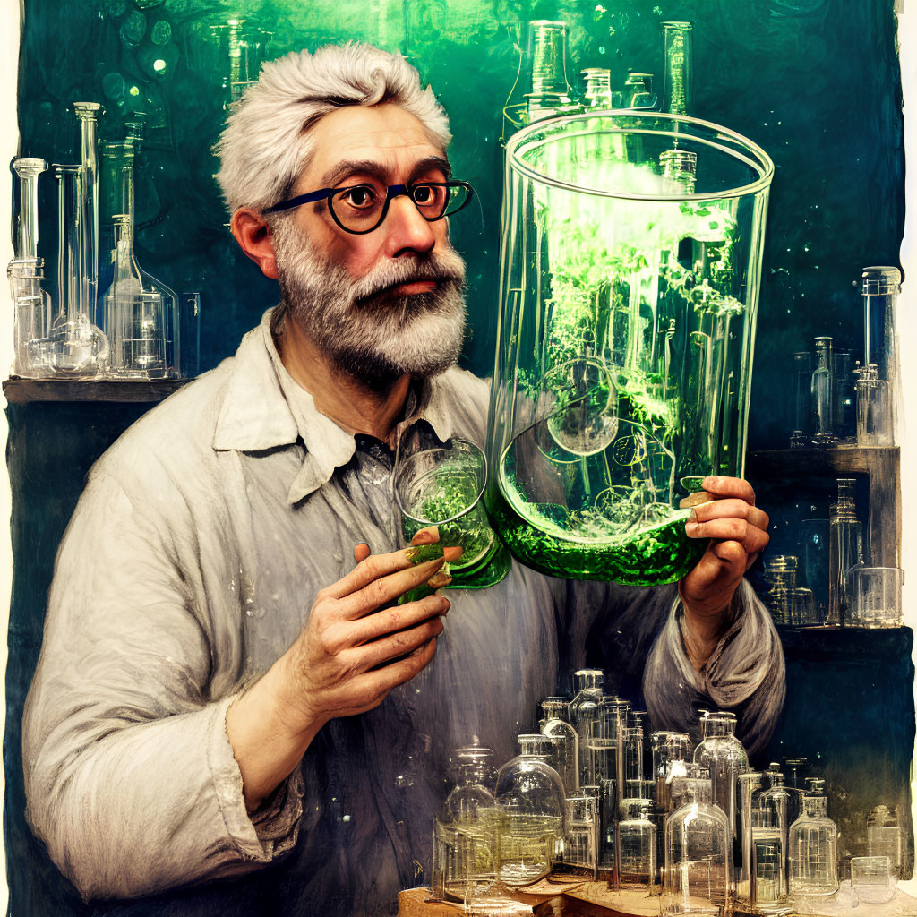 Elderly Scientist in Lab with Green Glowing Liquid