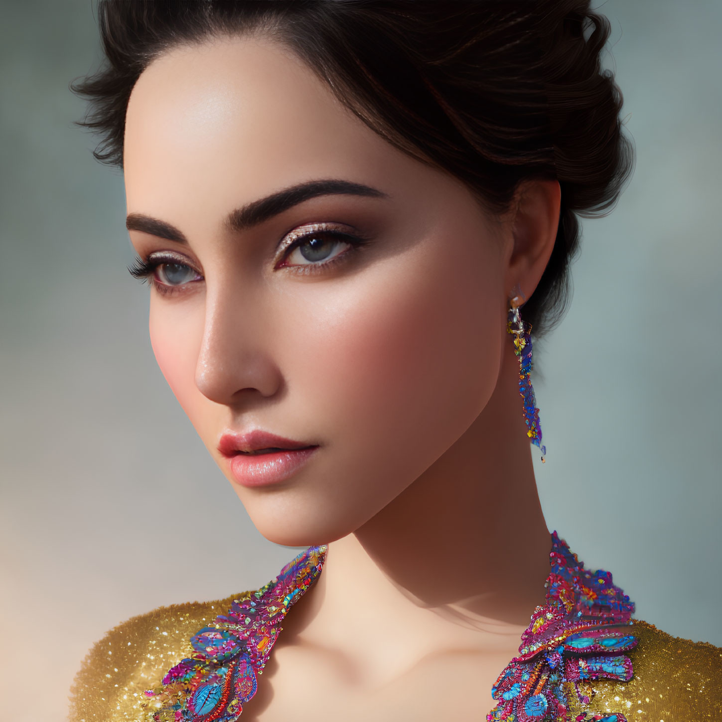 Detailed 3D digital portrait of a woman with elegant makeup and embroidered outfit