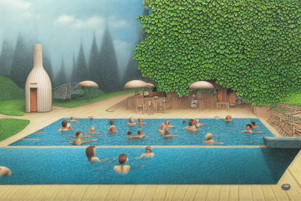 Illustration of people in outdoor pool with lush greenery and treehouse.