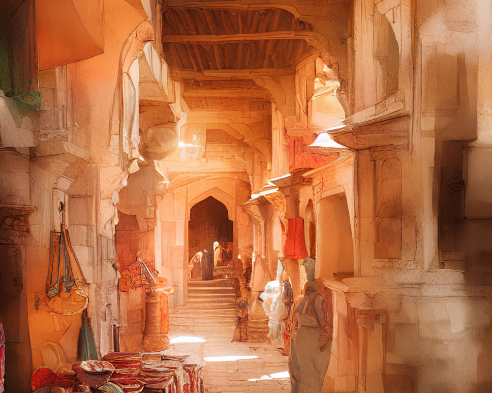 Vibrant market alley scene with textiles, wooden beams, and bustling crowd.