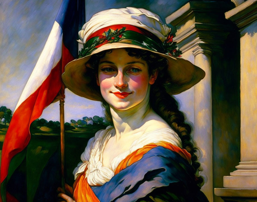 Smiling woman in patriotic hat with American flag background