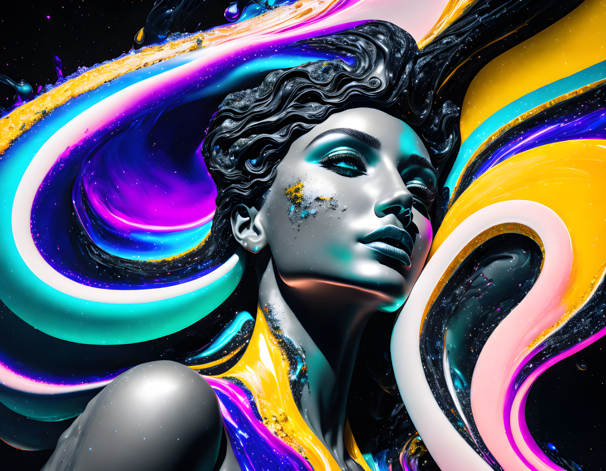 Colorful Swirling Cosmic Portrait with 3D Effects