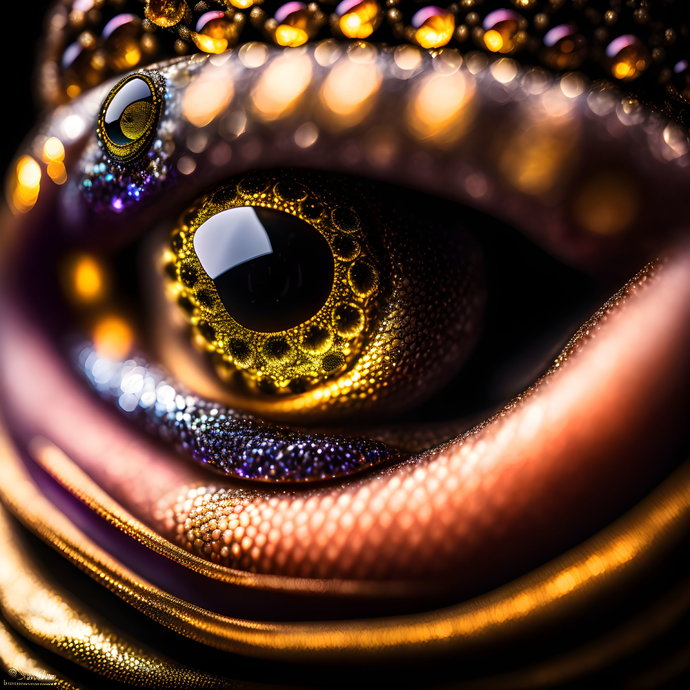 Detailed close-up of reptilian eye with multicolored metallic scales