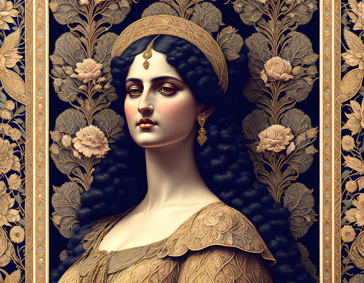 Digital artwork: Woman with dark hair, golden jewelry, ornate clothing, floral & gold-leaf