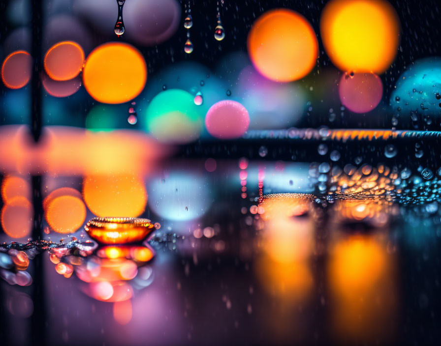 Raindrops on surface with colorful bokeh lights - Vibrant and dreamy ambiance