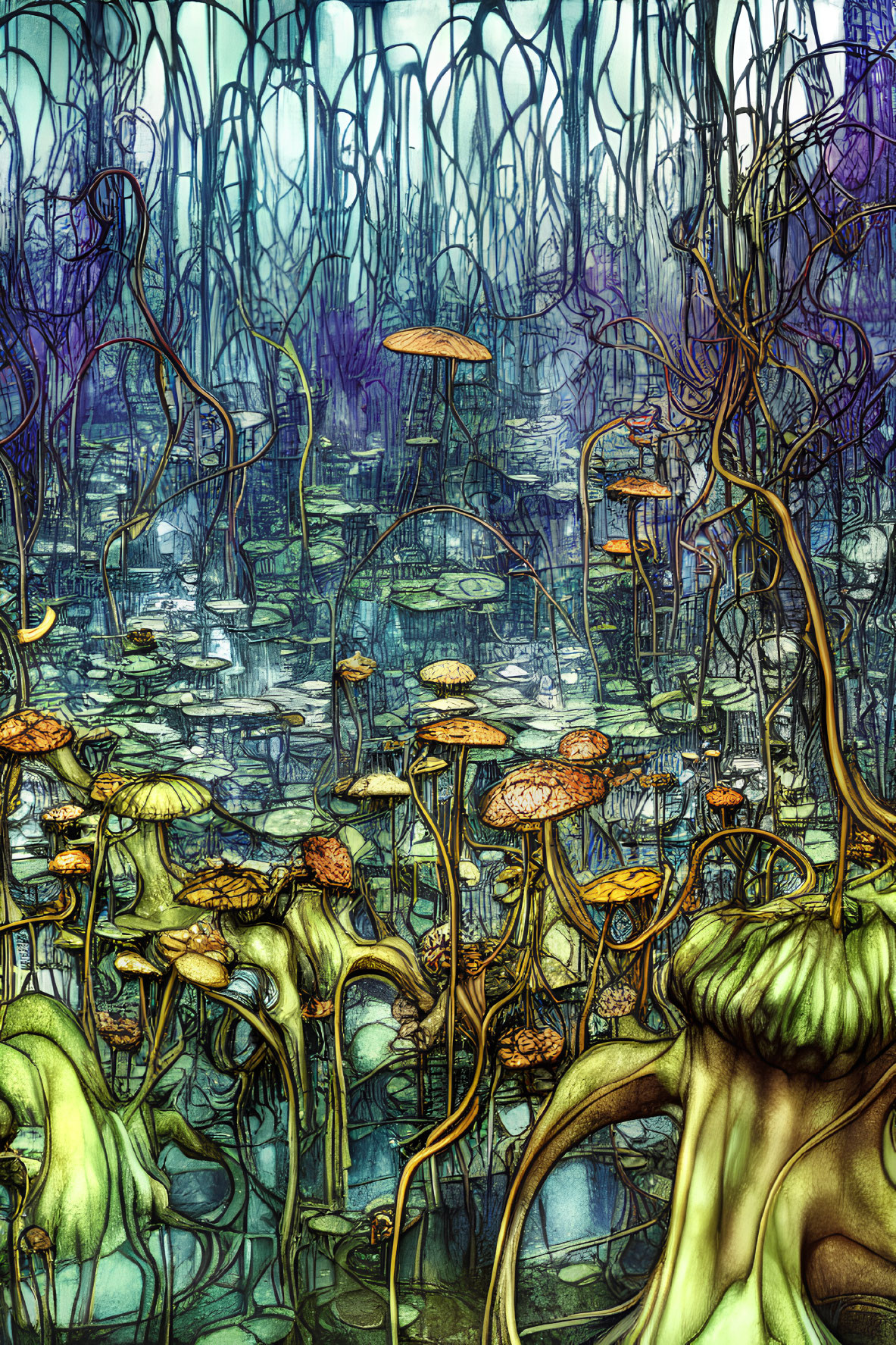 Vibrant twisted trees and oversized mushrooms in a fantastical forest