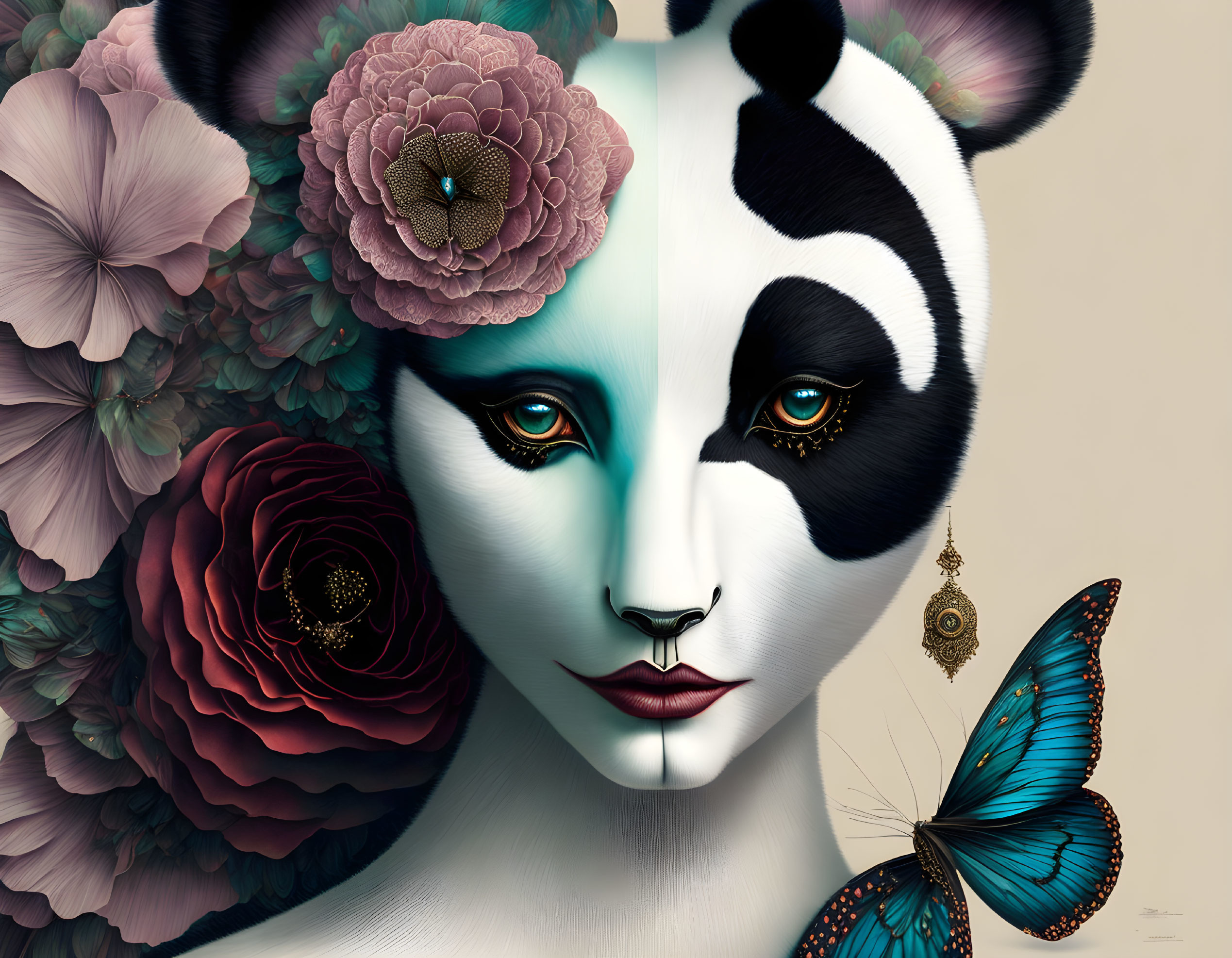 Portrait of woman's face merged with panda surrounded by flowers and butterfly, detailed earrings.