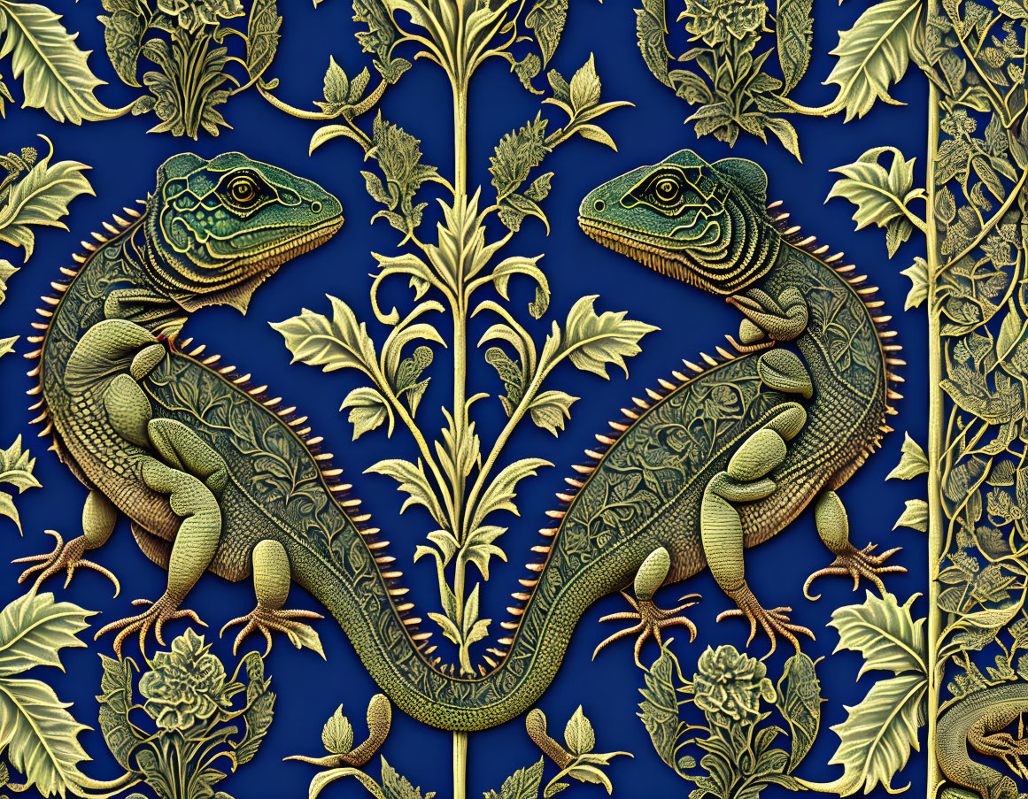 Vibrant green and gold reptiles on deep blue background with botanical motifs