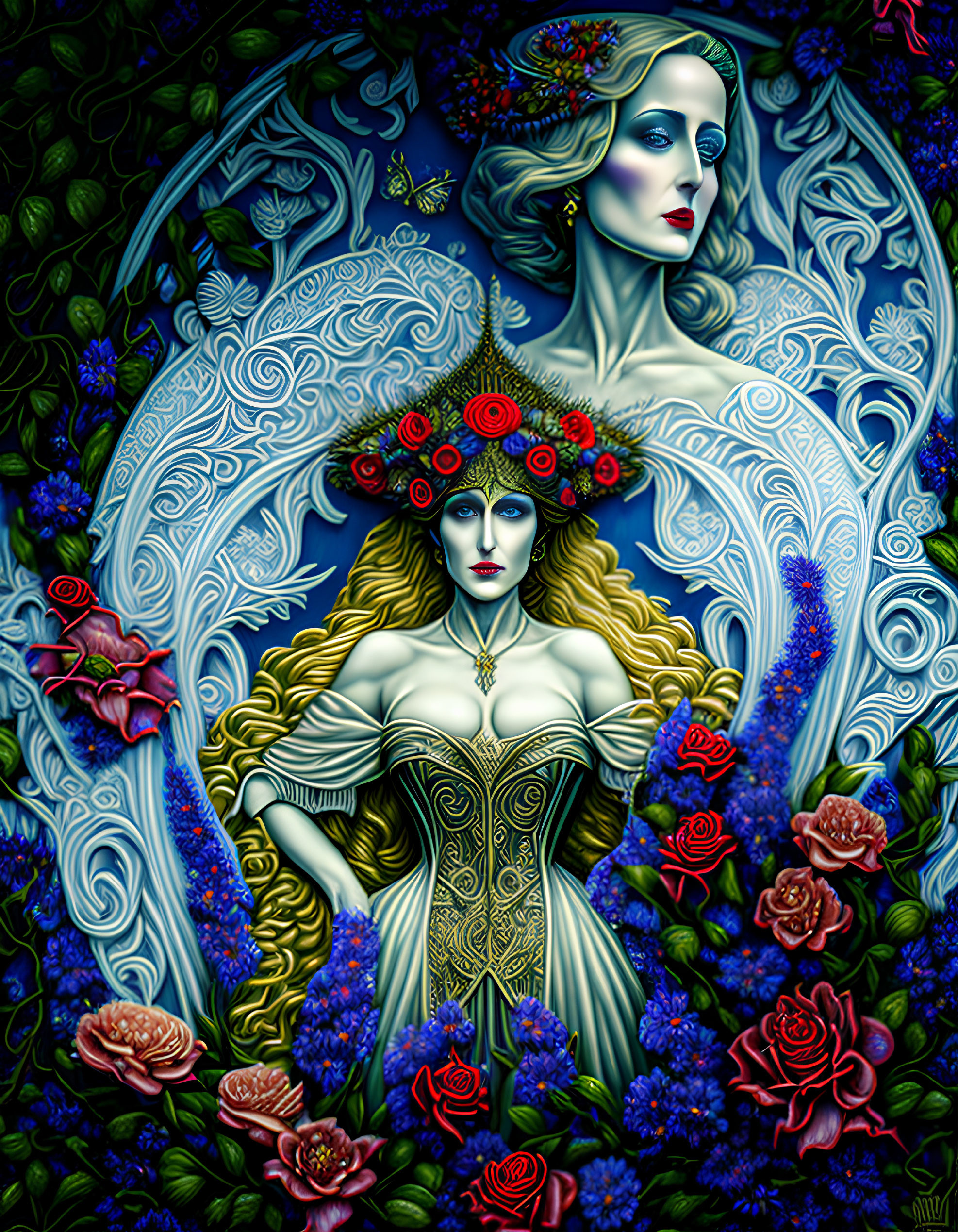 Detailed illustration of two women with floral headpieces in cool colors