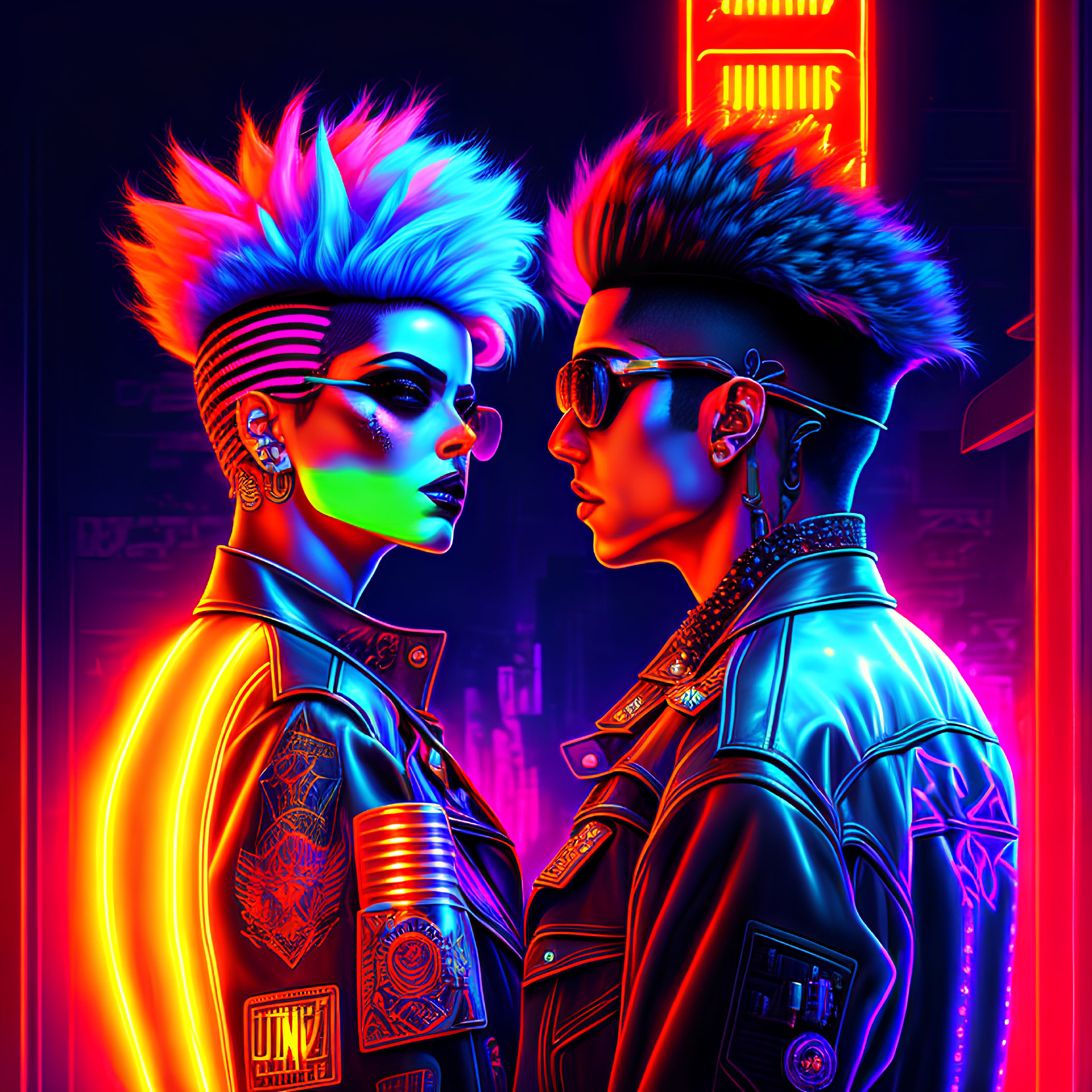 Vibrant punk hairstyles in neon-lit urban setting