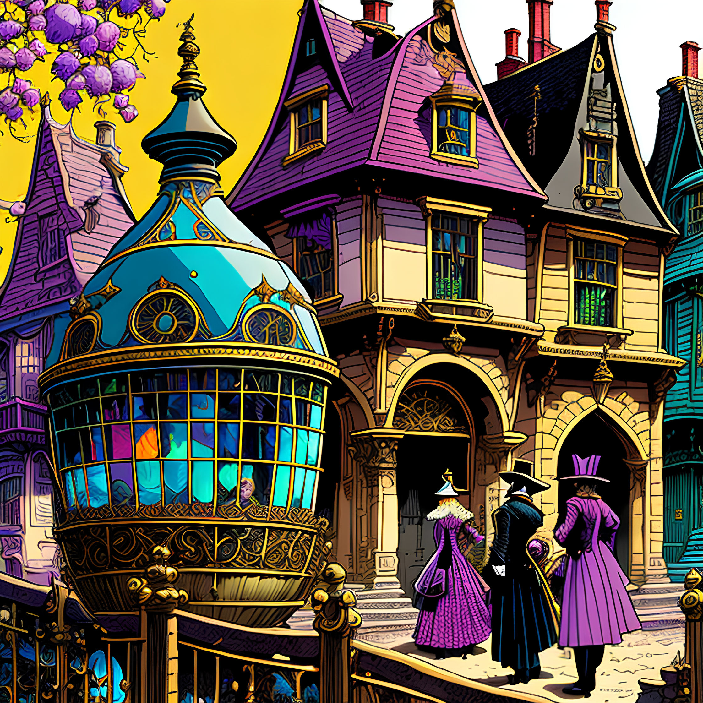 Vibrant Victorian-era characters on cobblestone street with whimsical architecture