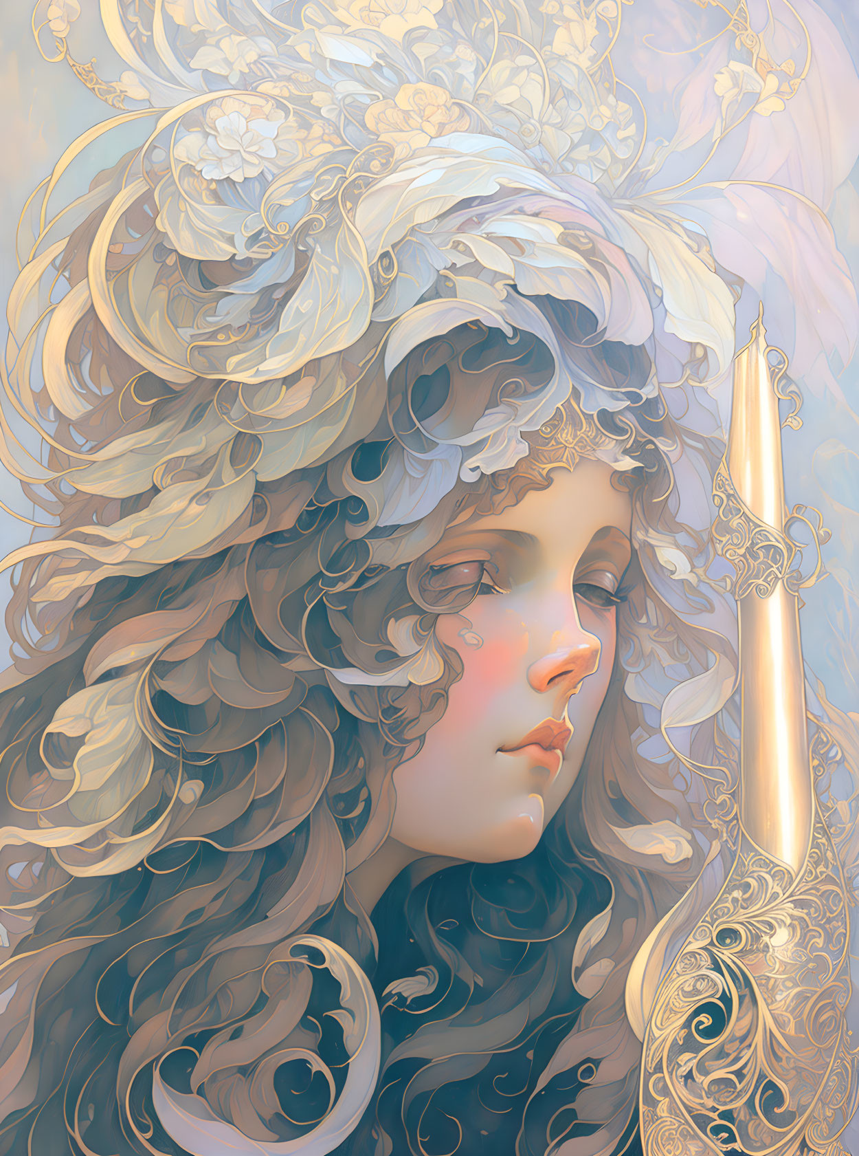 Detailed illustration of person with curly hair and headdress holding candle in soft pastel tones