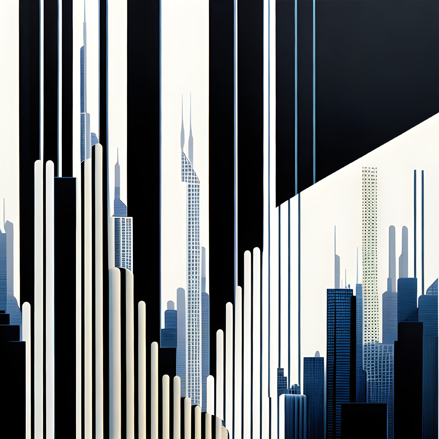 Geometric city skyline with vertical lines and skyscraper silhouettes on blue and black background