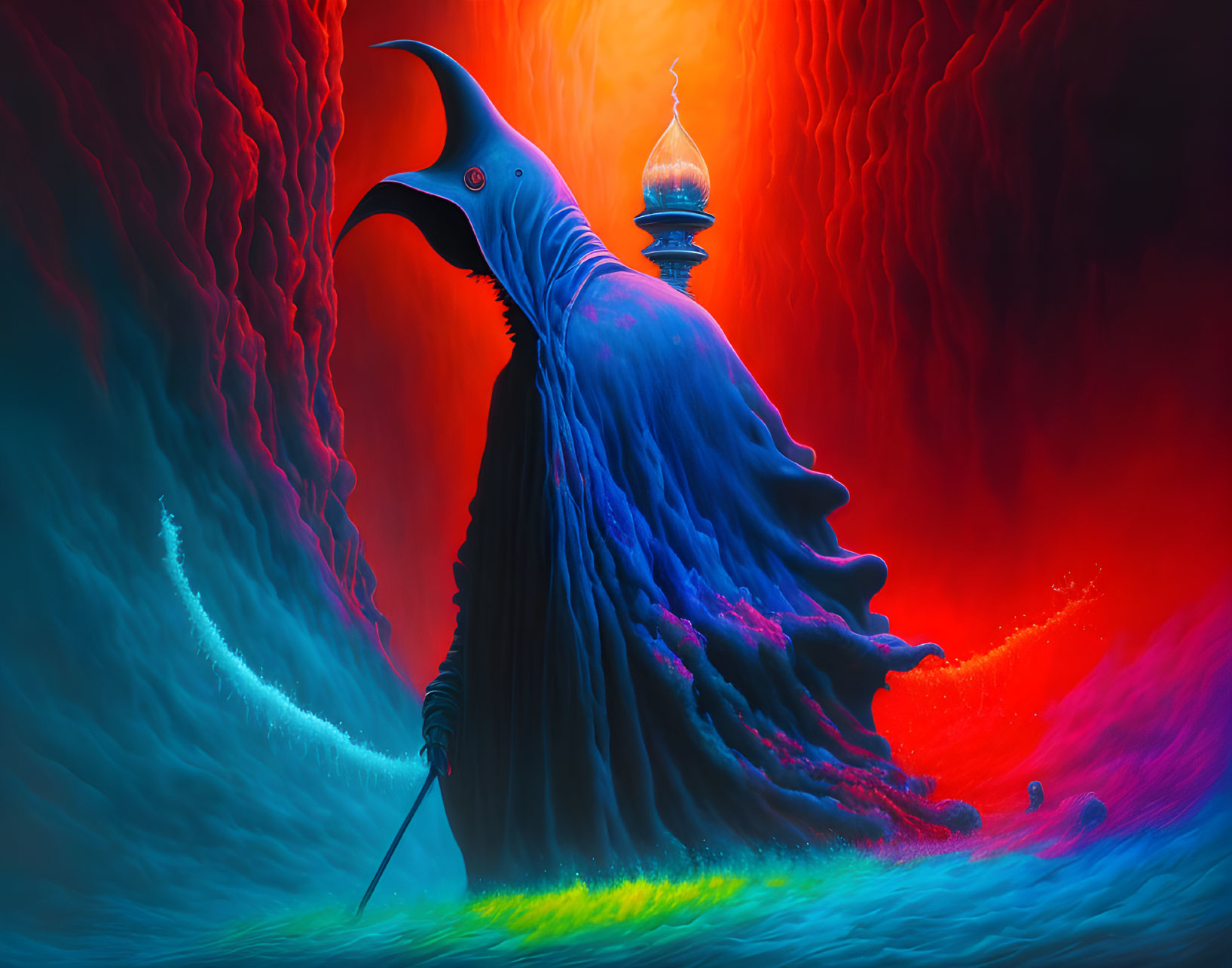 Colorful digital artwork of a cloaked figure with a bird mask in surreal landscape