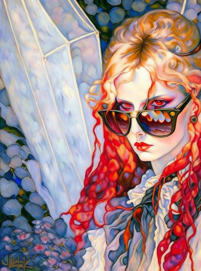 Blonde-haired woman with red sunglasses in floral setting