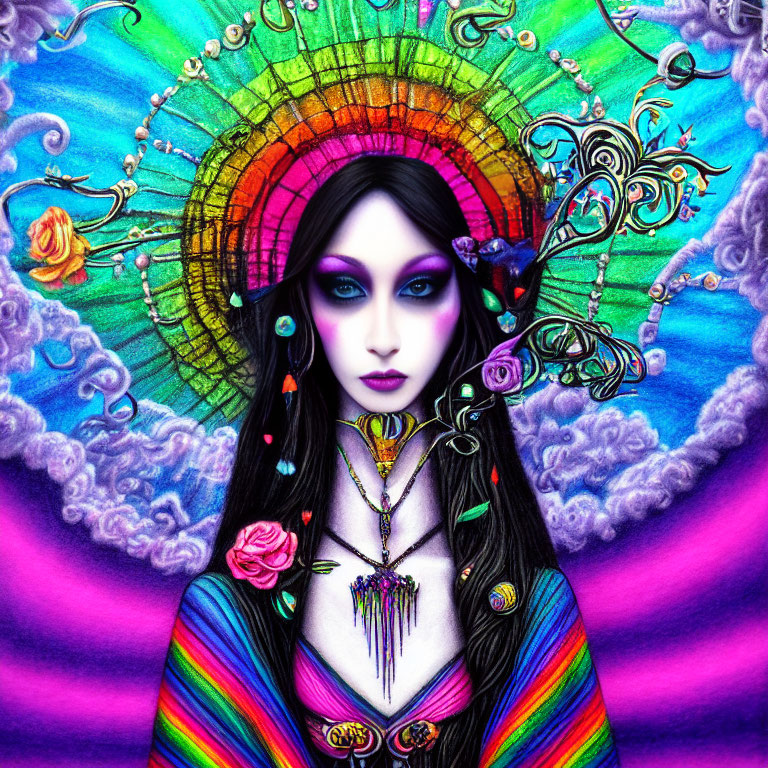 Colorful Illustration of Woman with Black Hair and Striking Makeup