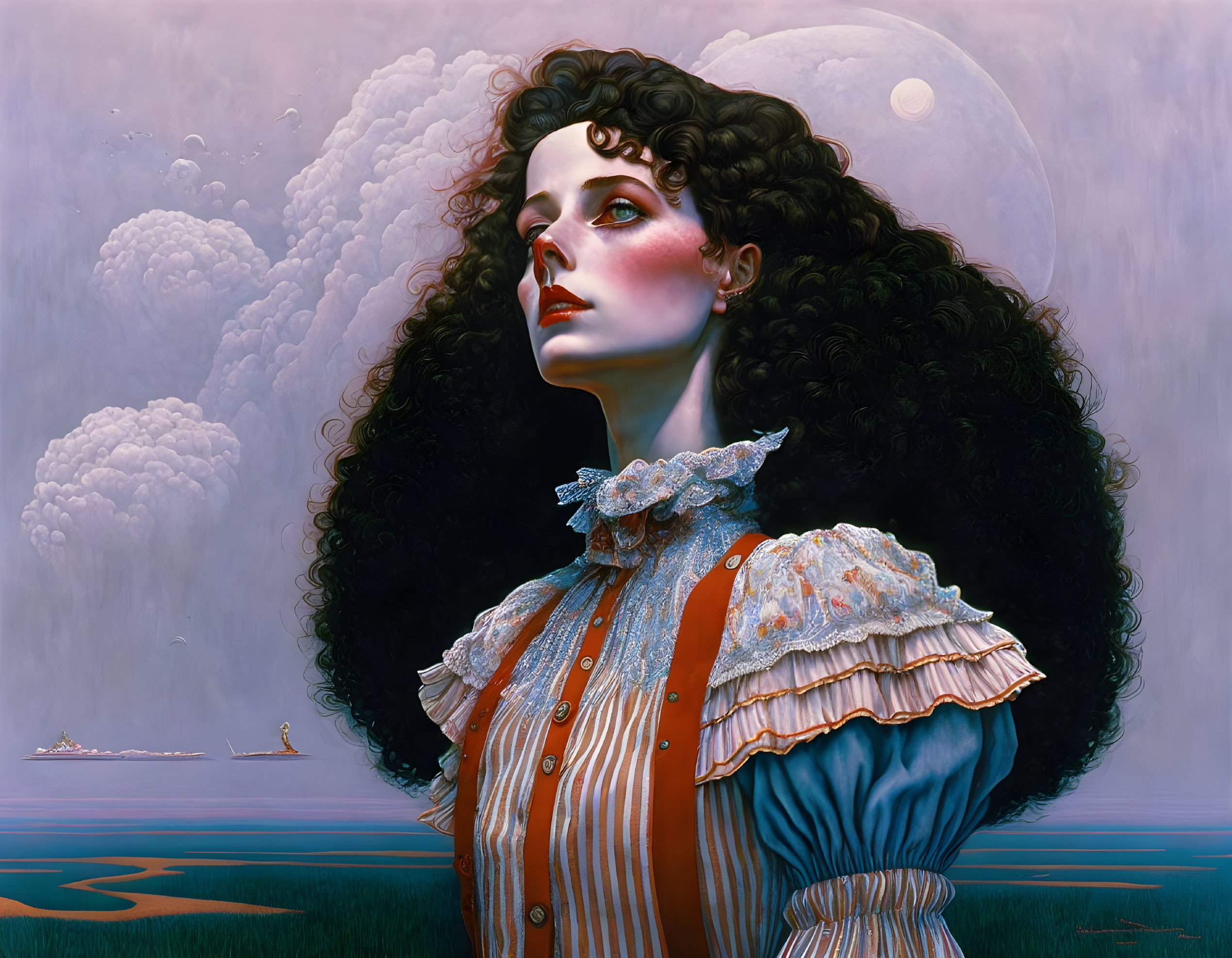 Surreal portrait of woman with black hair and ruffled collar against pink clouds and pale moon