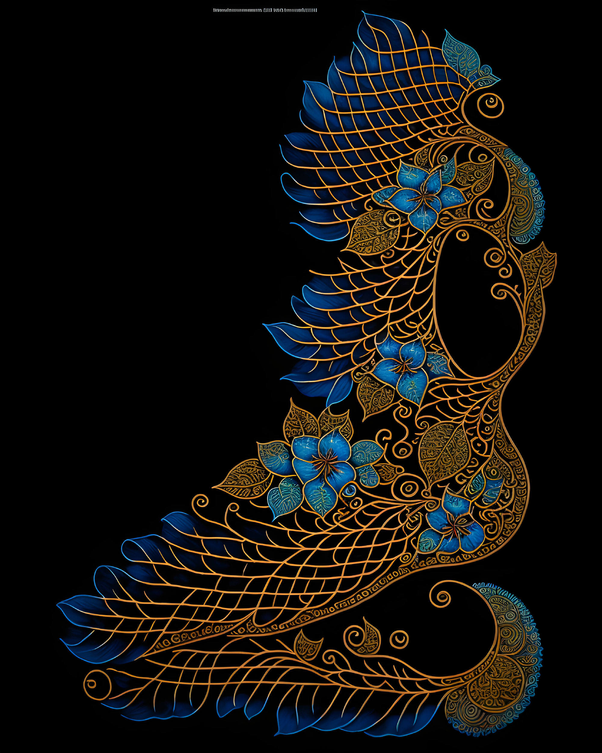 Intricate Golden Peacock Design on Black Background