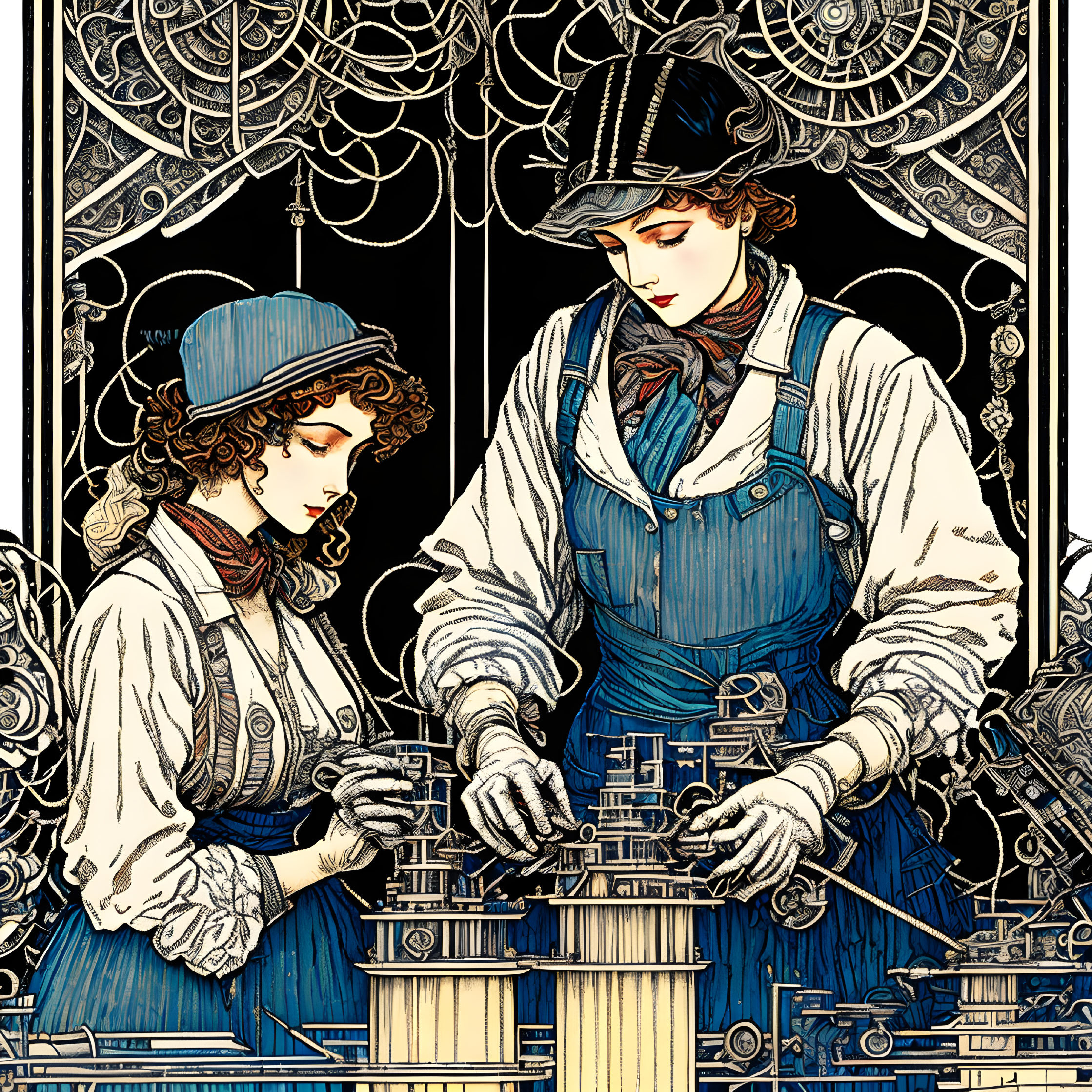 Vintage work attire women assembling intricate machinery in ornate art nouveau setting