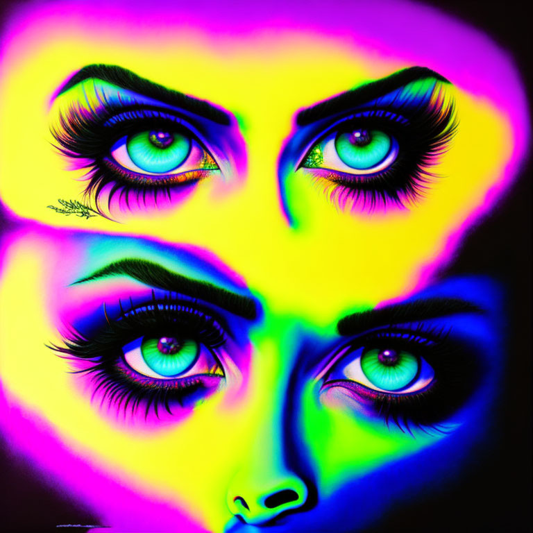 Colorful neon illustration of stylized eyes on gradient background