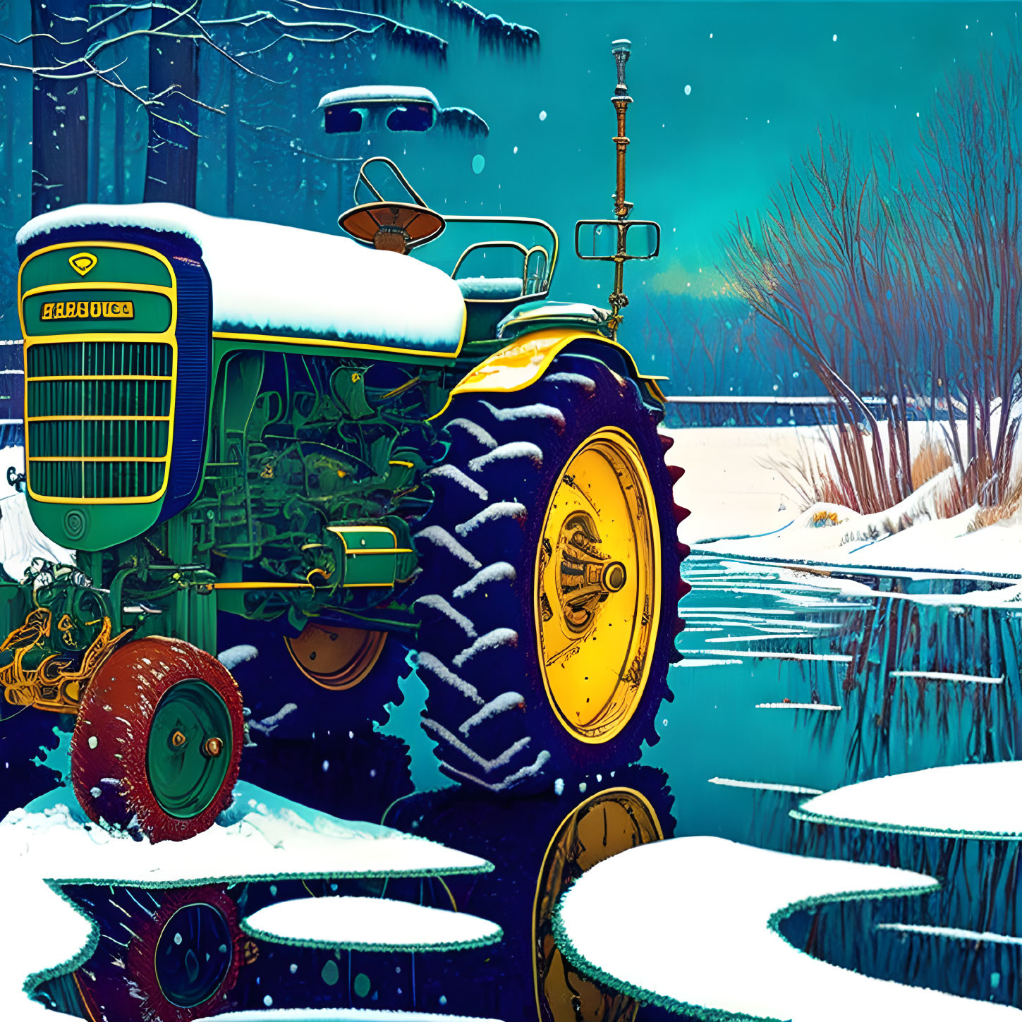 Vintage Yellow and Green Tractor in Snowy Riverbank Night Scene