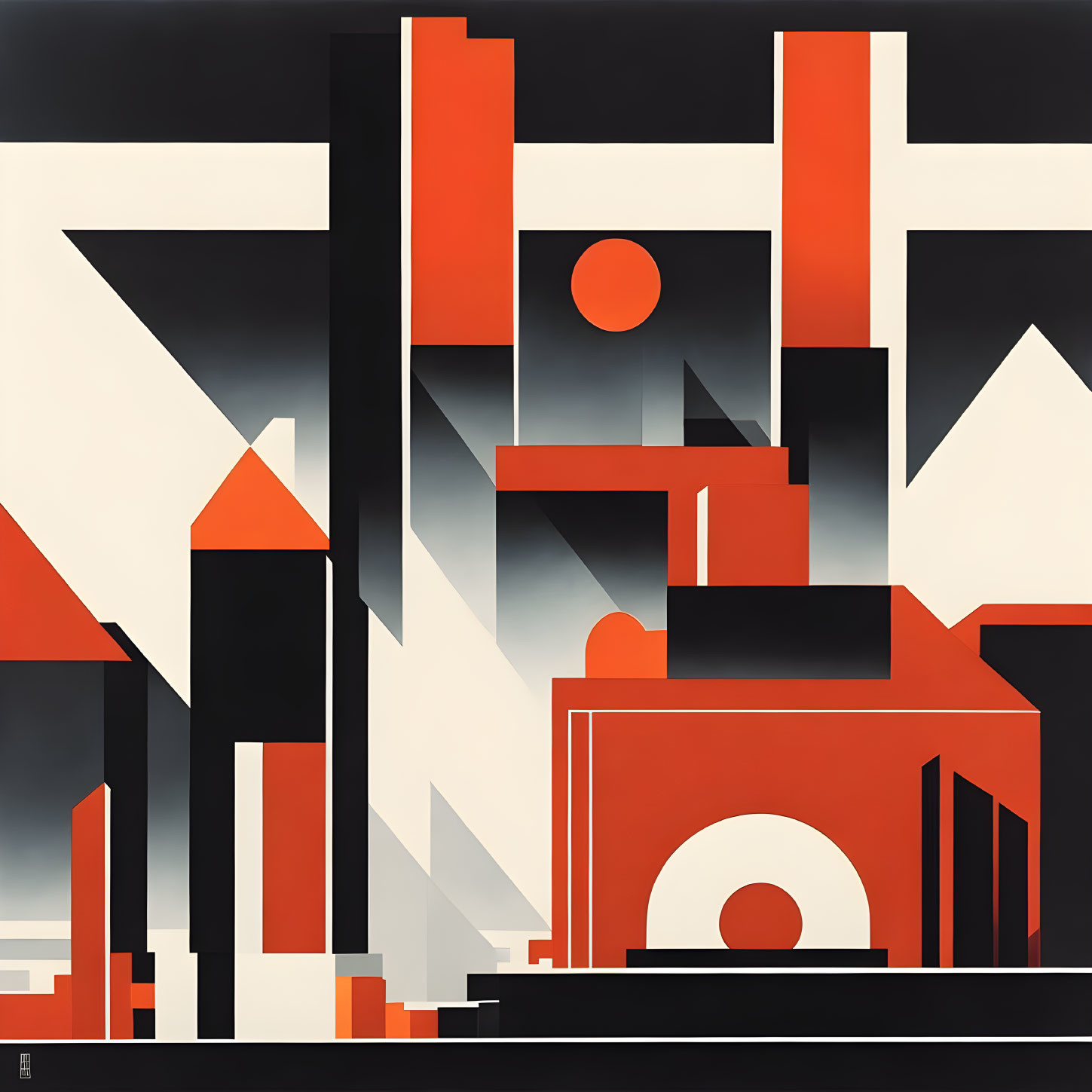 Abstract geometric composition with red, black, and white shapes depicting stylized architectural form