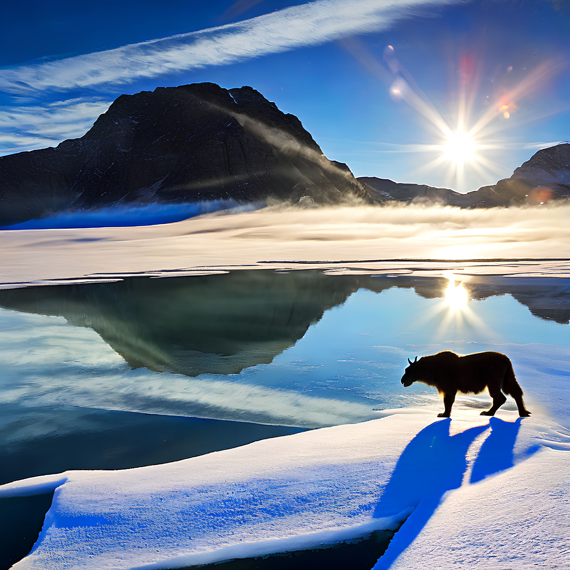 Bear walking in snow with frozen lake and mountains under sunny sky