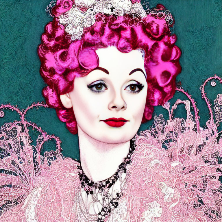 Vibrant pink hair woman with crown and lace collar on teal backdrop